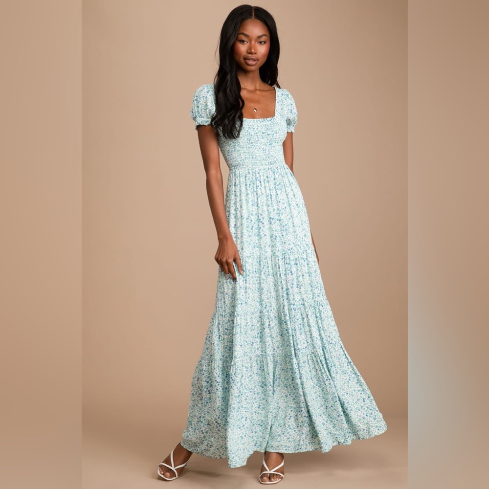 Lulu’s Ready to Bloom Ivory Floral Print Smocked Tiered Maxi Dress